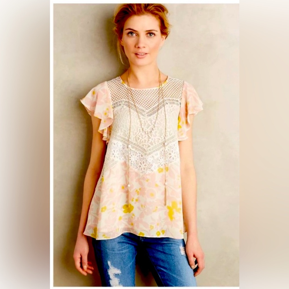 Anthropologie Cream and Yellow Ruffled Cap Sleeve Blouse